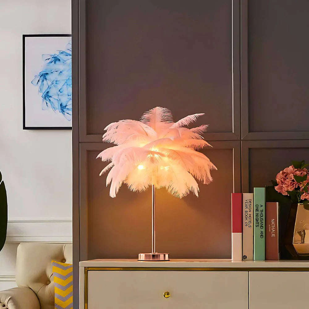 Unikalna lampa stołowa w kształcie drzewa z piórami