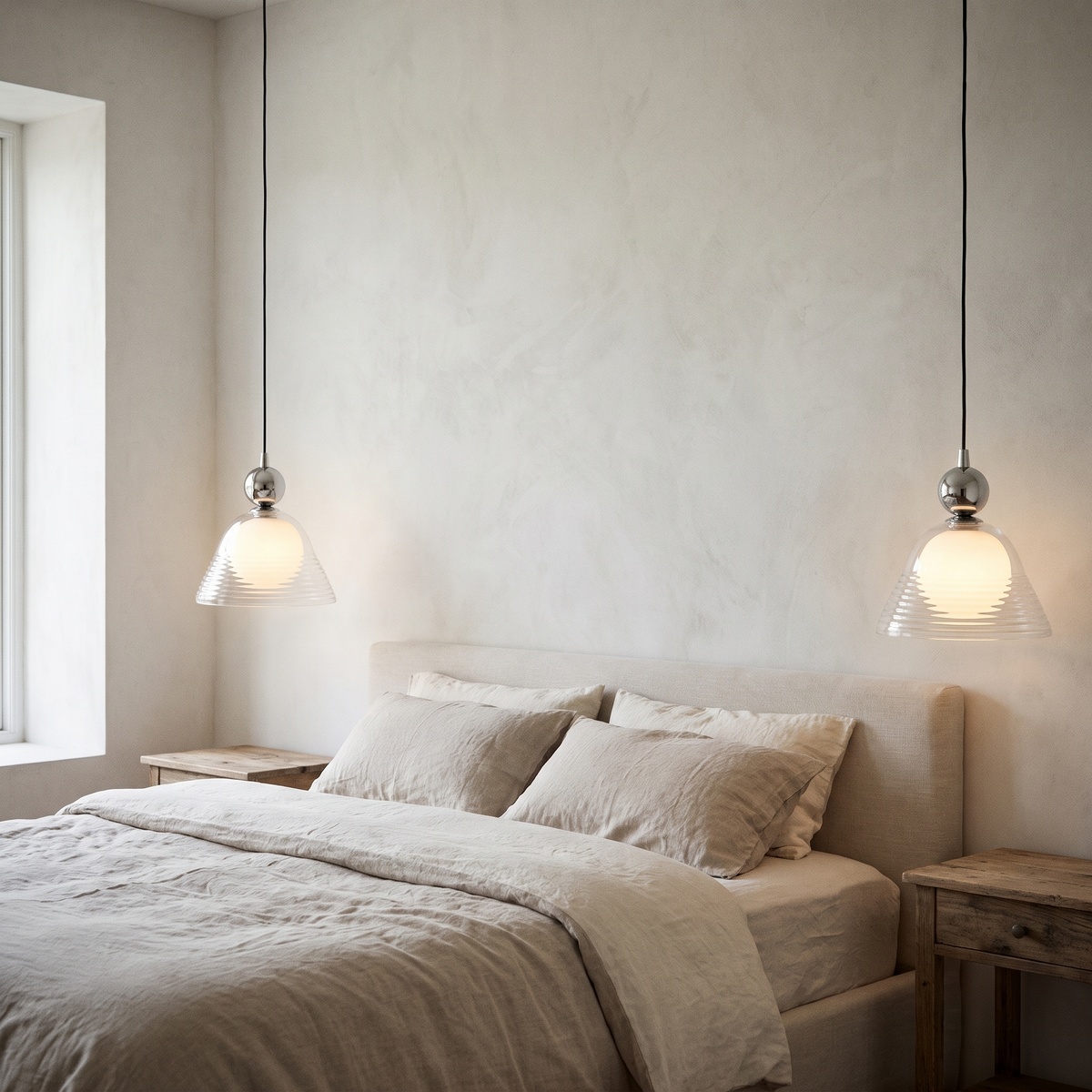 Nowoczesna lampa wisząca z przezroczystym stożkowym kloszem i szklaną kulą