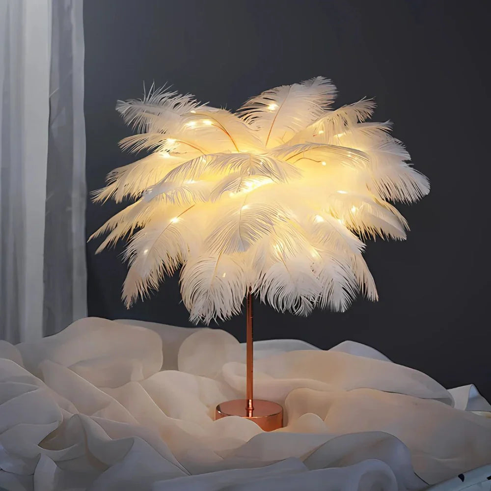 Unikalna lampa stołowa w kształcie drzewa z piórami
