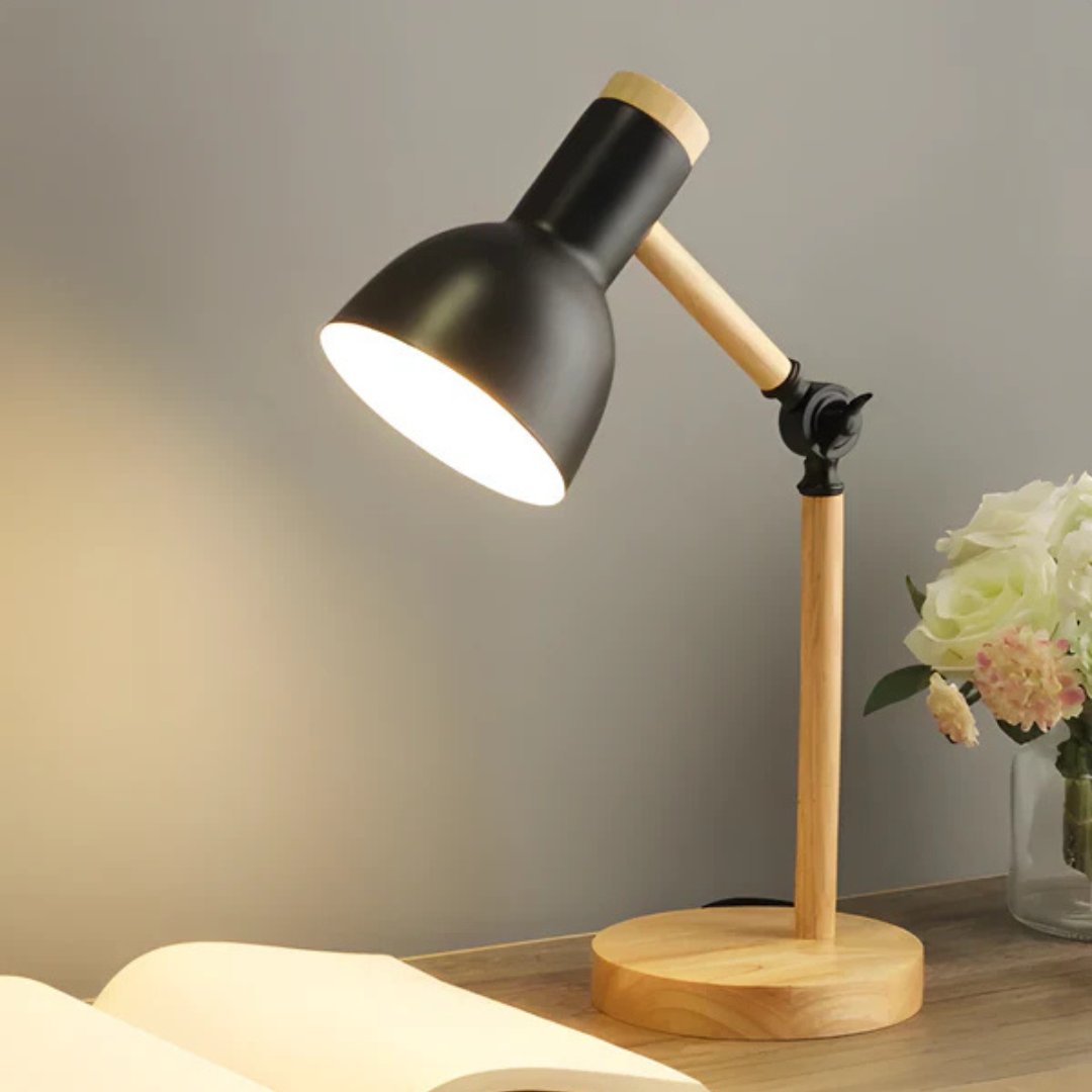 Regulowana lampa stołowa z drewna i metalu z nowoczesnym designem LED