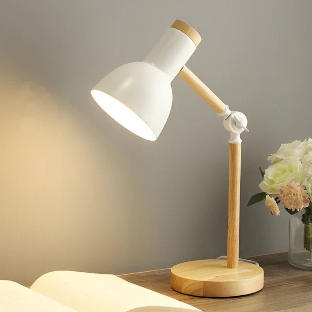 Regulowana lampa stołowa z drewna i metalu z nowoczesnym designem LED