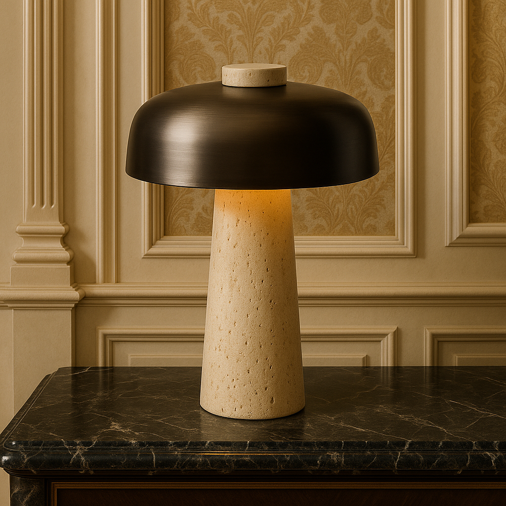 Minimalistyczna lampa stołowa z trawertynu
