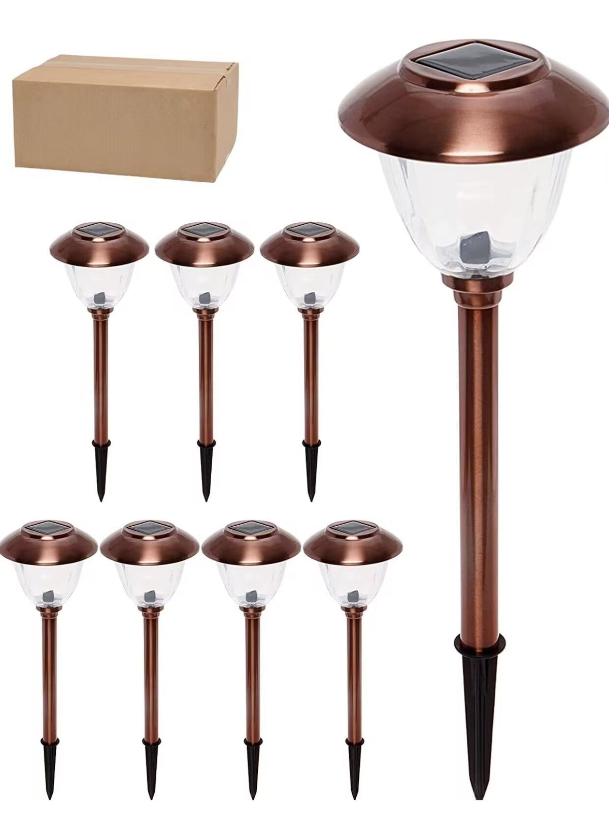 Zestaw ośmiu solarnych lamp ścieżkowych ze stali nierdzewnej