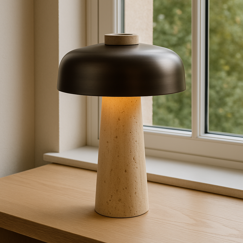 Minimalistyczna lampa stołowa z trawertynu
