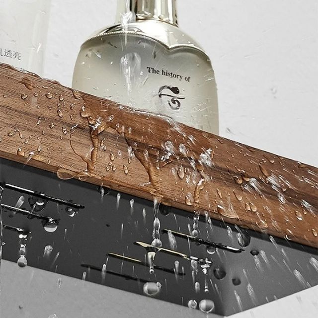 Bathroom wall shelf with raised edge for storage