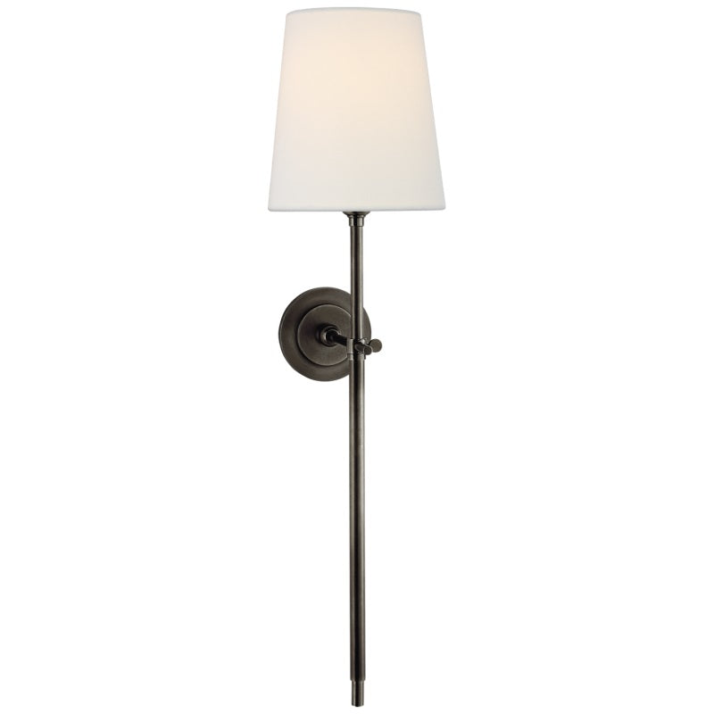 Wall lamp with fabric shade and metal arm