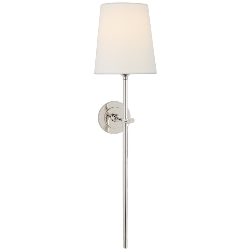 Wall lamp with fabric shade and metal arm