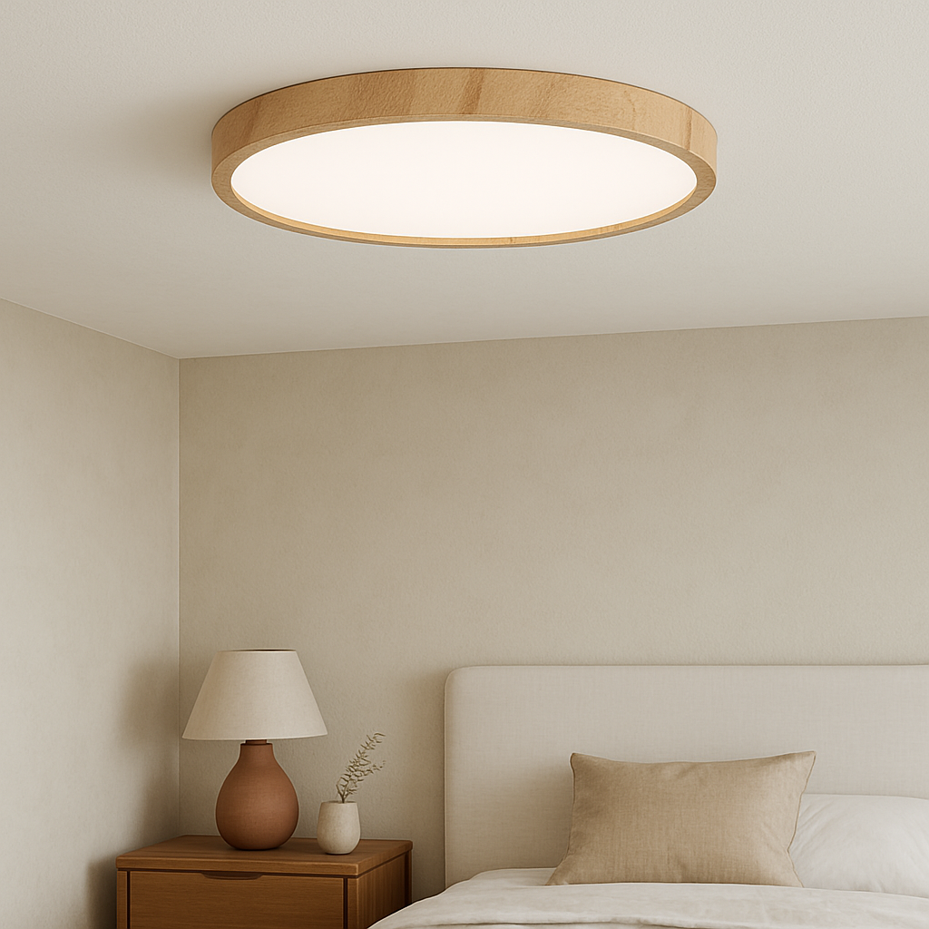 Minimalistyczna lampa sufitowa o fakturze drewna