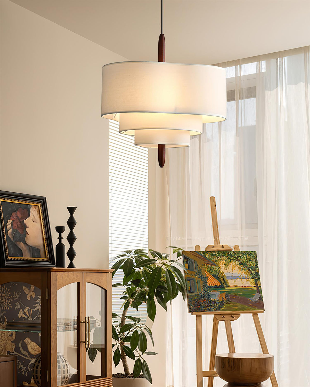 Layered round fabric hanging lamp