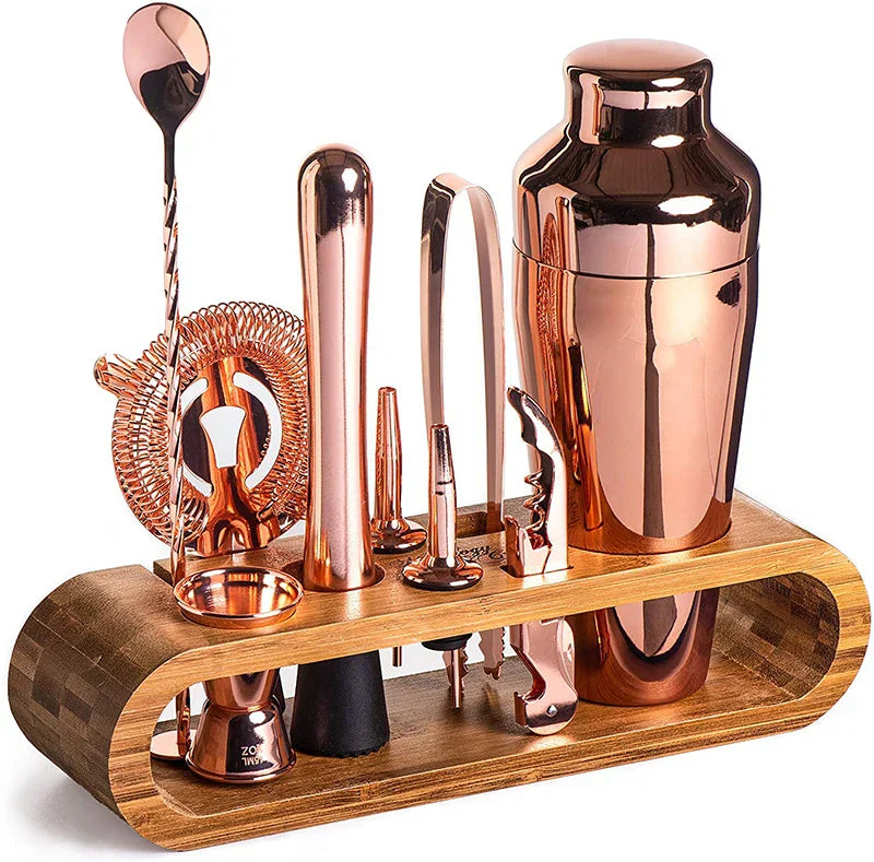 Ensemble d'outils de bar avec shaker et support en bois
