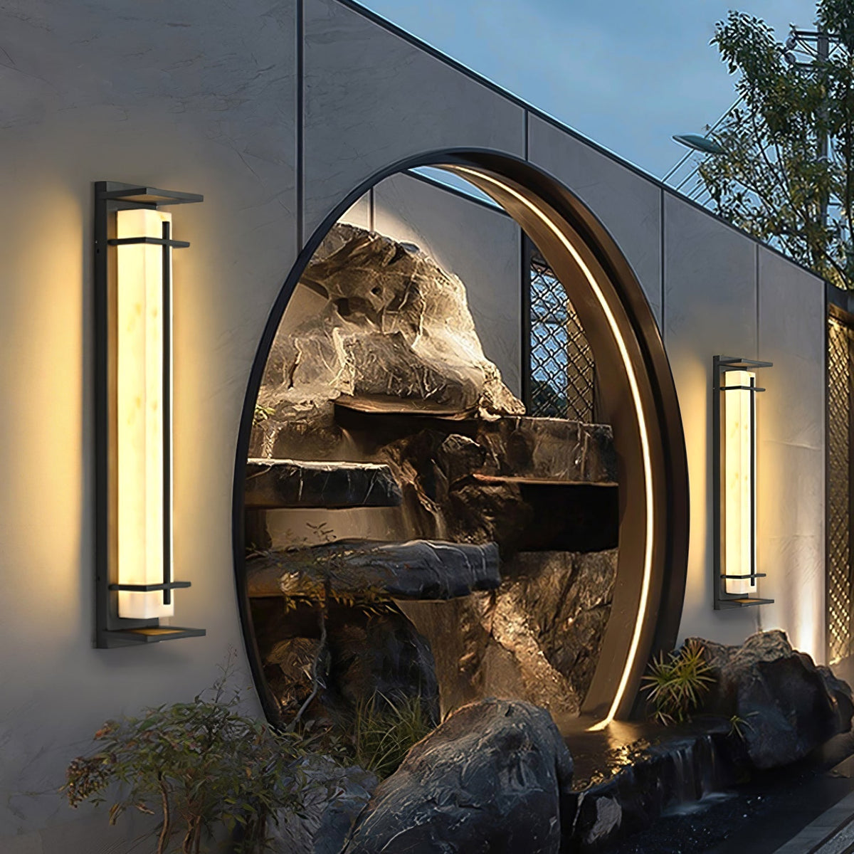 Outdoor wall lamp with a vertical rectangular panel