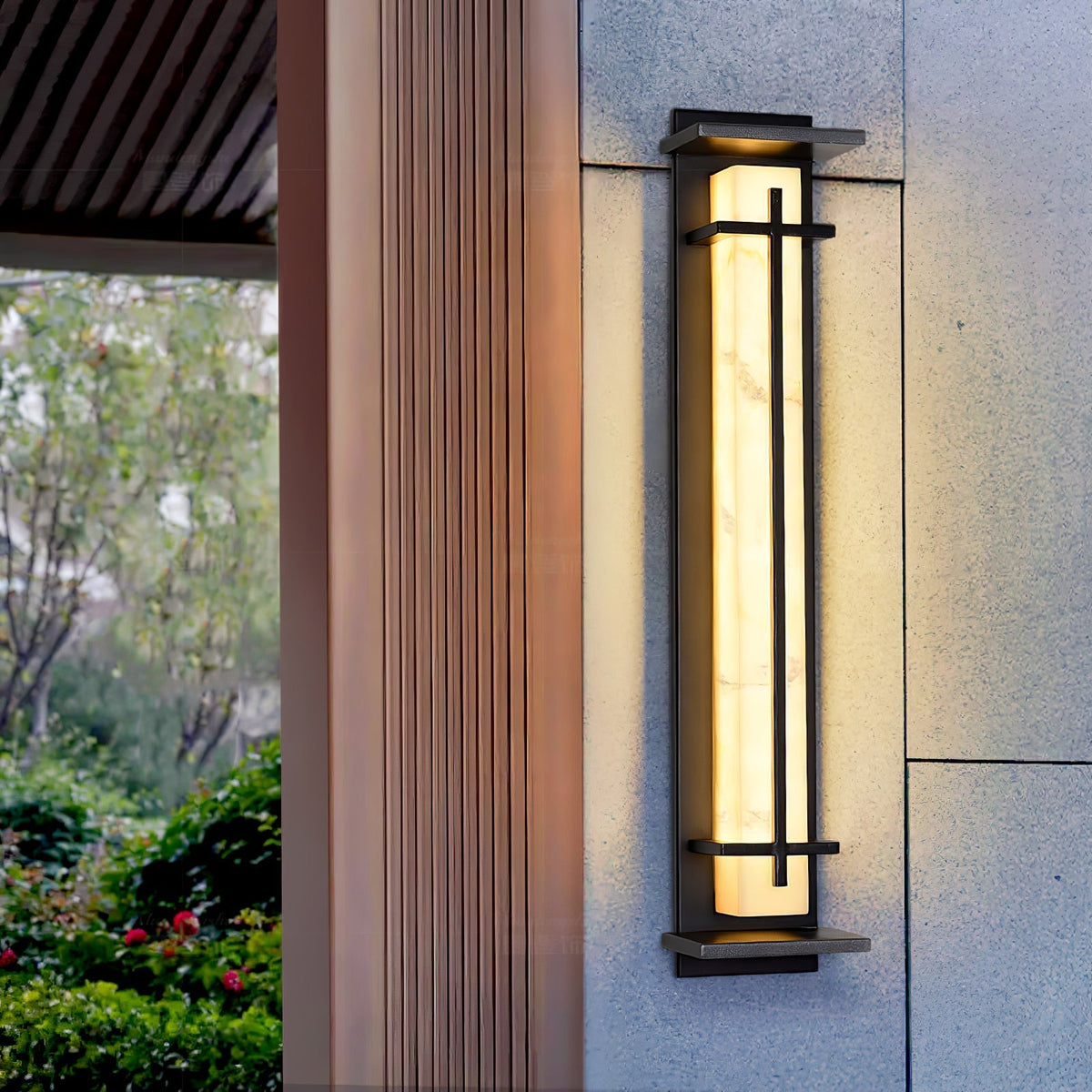 Outdoor wall lamp with a vertical rectangular panel