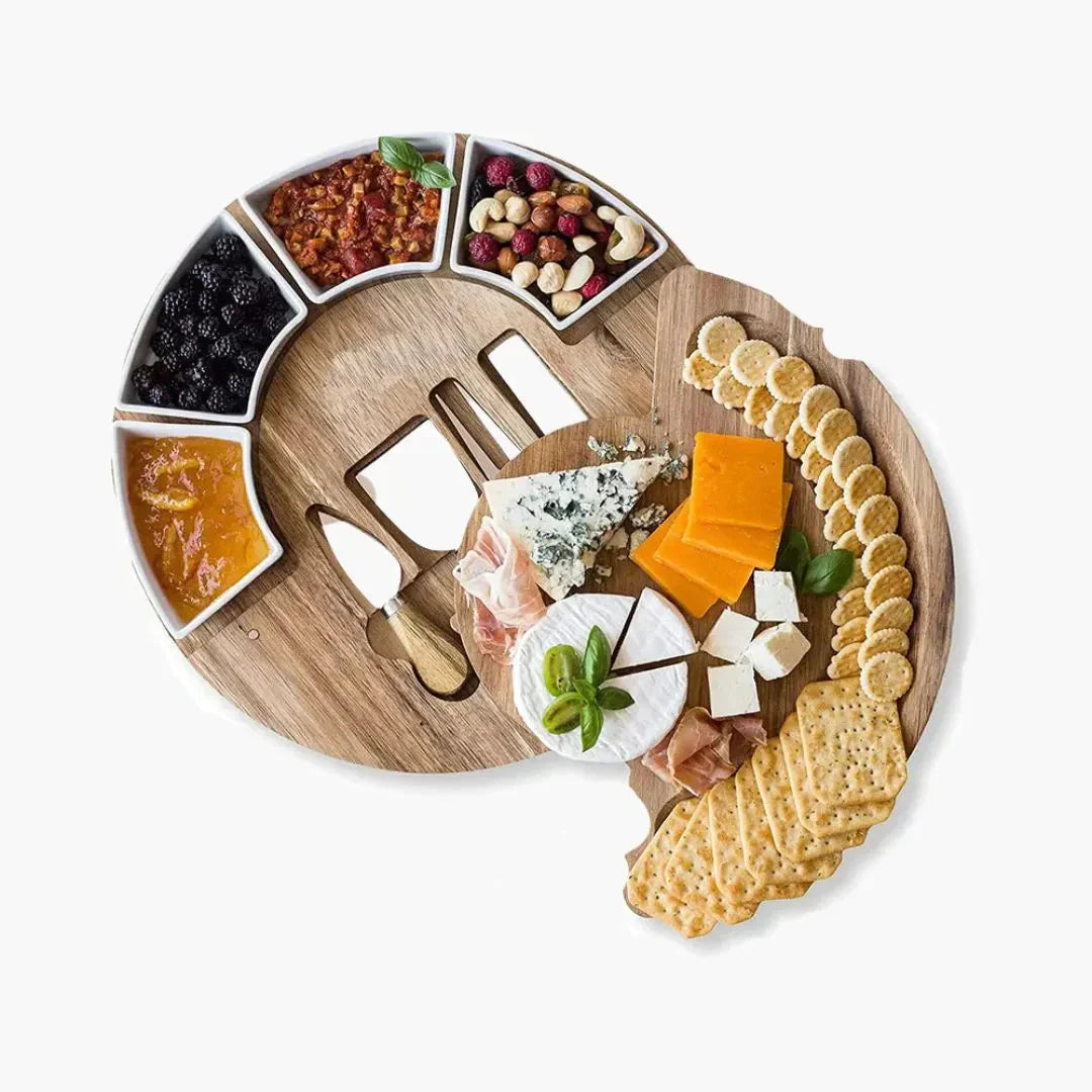 Wooden cheese board set with knives serving tray