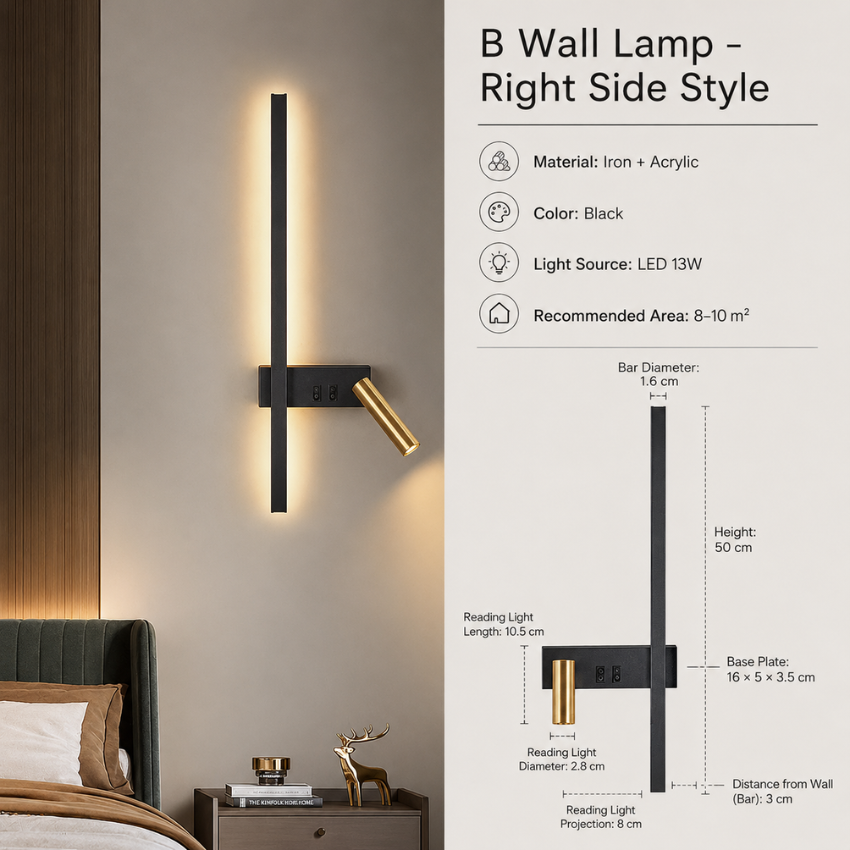 Wandlamp met verticale lat en verstelbare spot