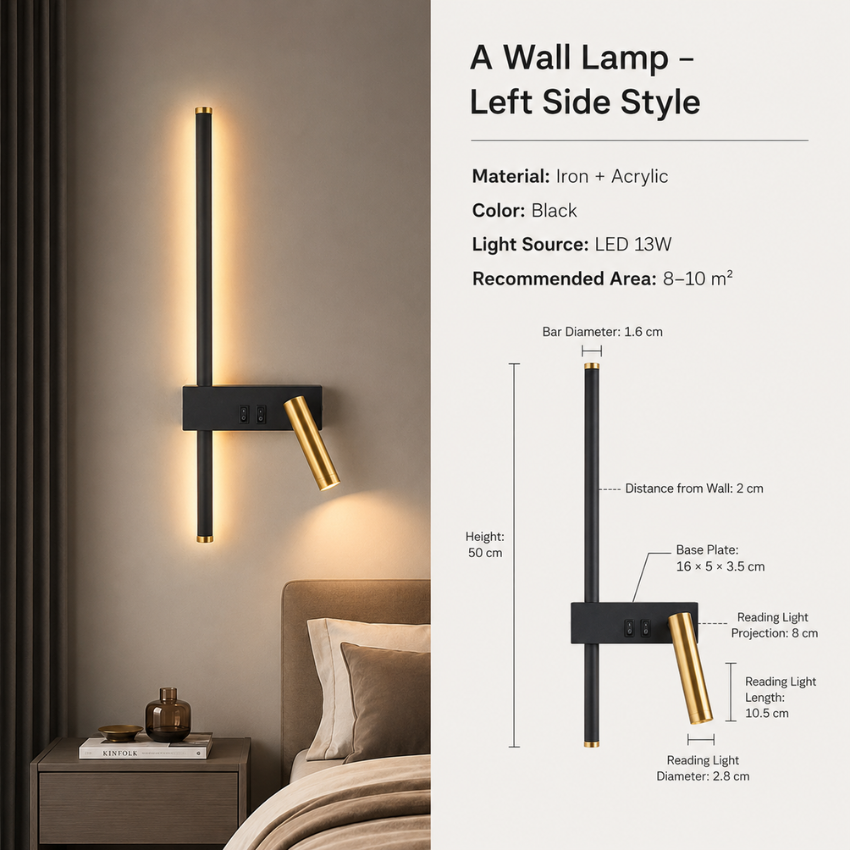 Wandlamp met verticale lat en verstelbare spot