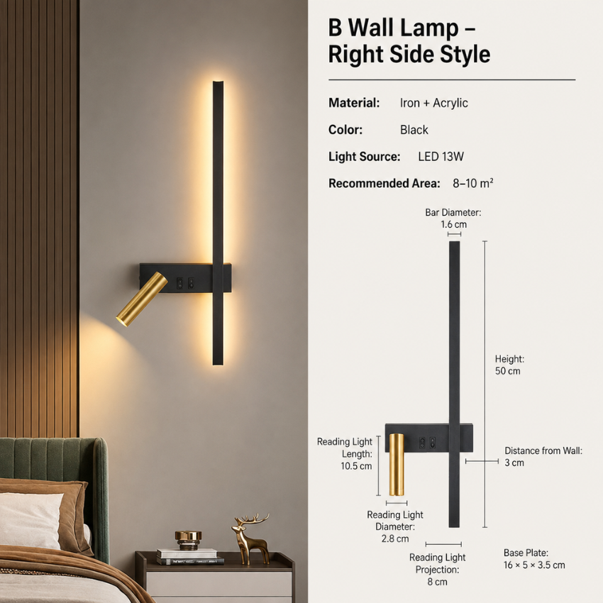 Wandlamp met verticale lat en verstelbare spot