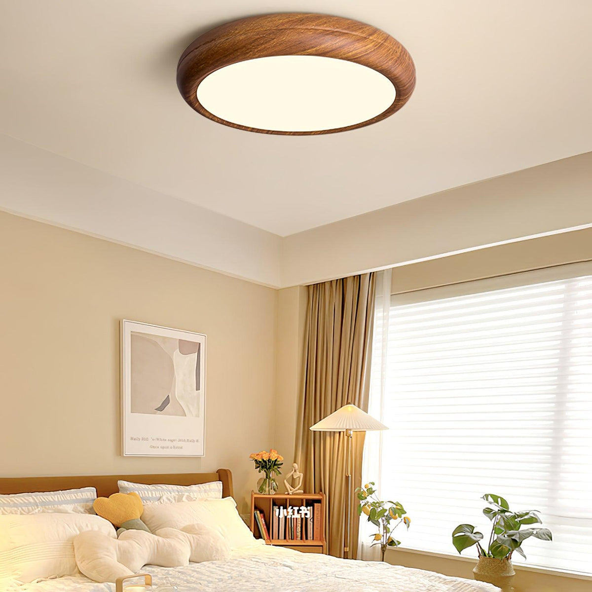 Lampa sufitowa okrągła z efektem słojów drewna