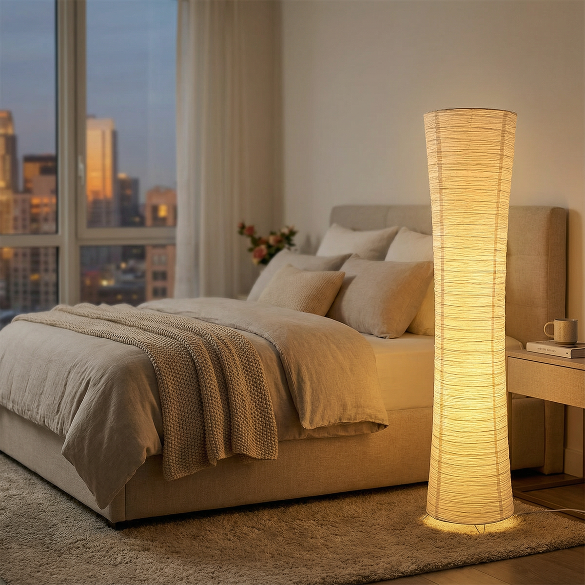 Wabi Sabi LED-vloerlamp met golvende papieren kap