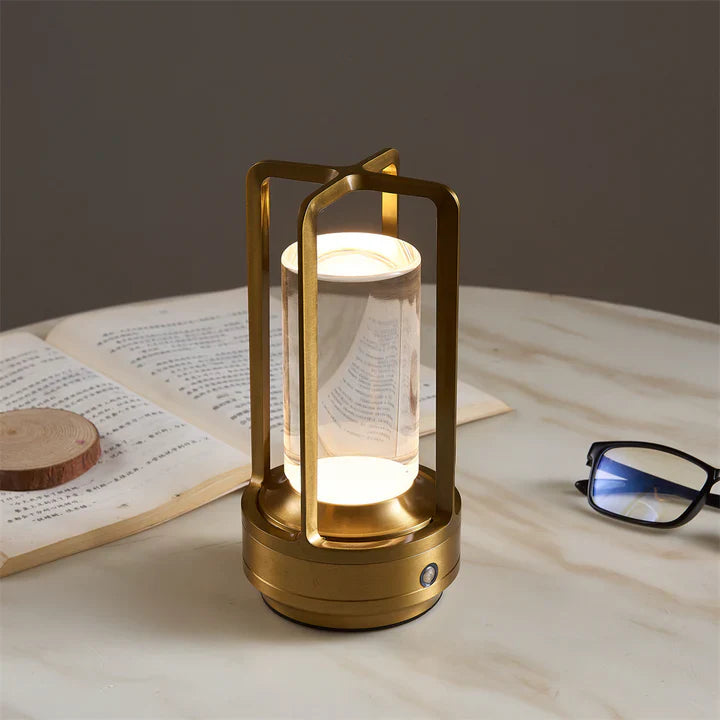 Draadloze metalen cilindrische lamp met kristal