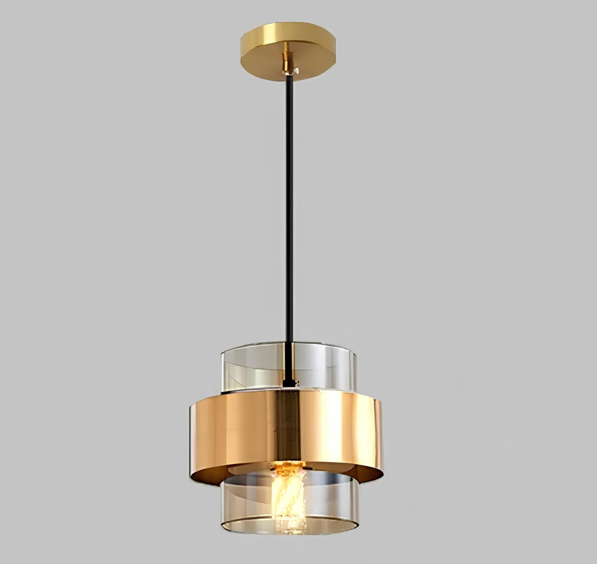 Nowoczesna lampa wisząca ring ze szklanym cylindrem i metalową obręczą