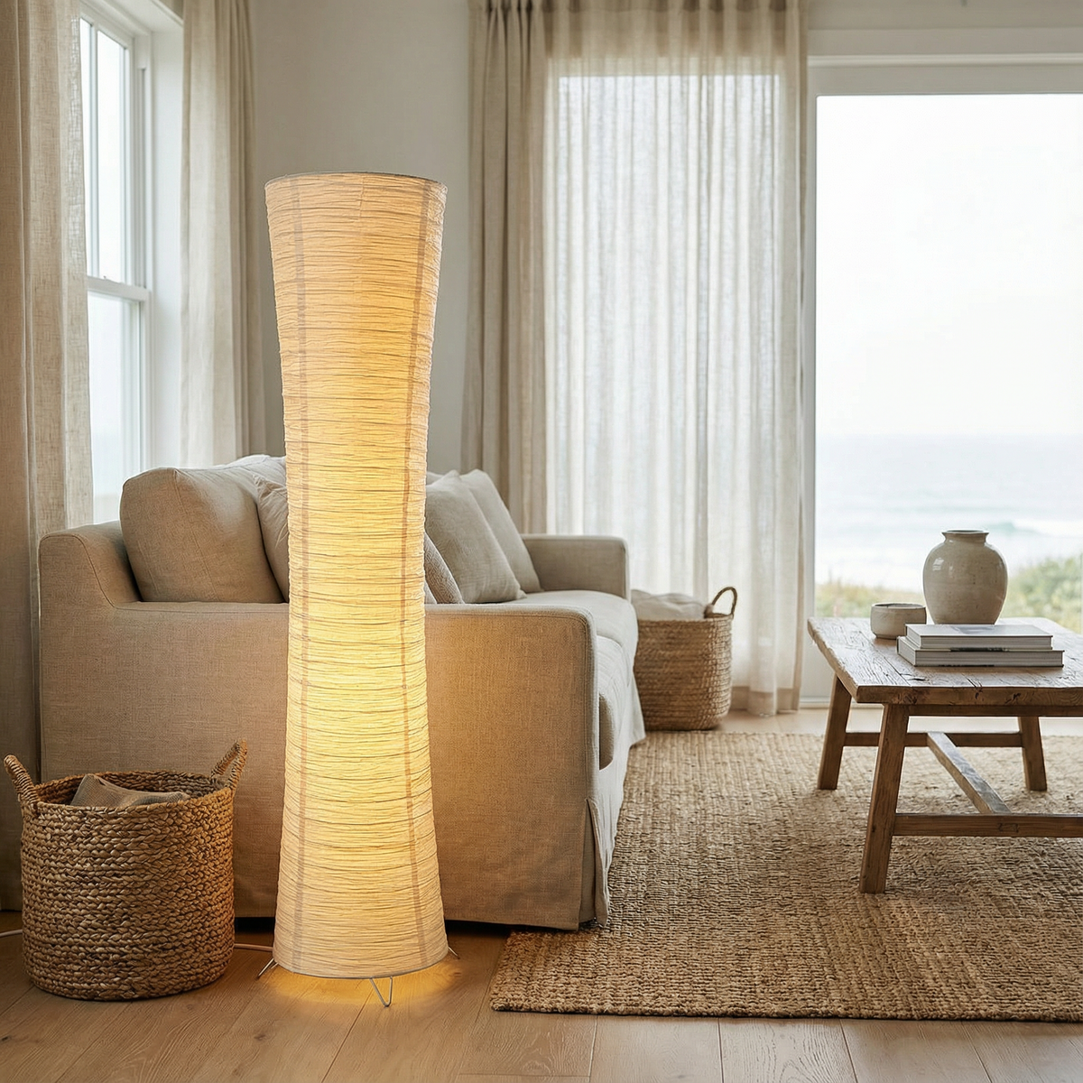 Lampa podłogowa LED Wabi Sabi z falistym papierowym kloszem