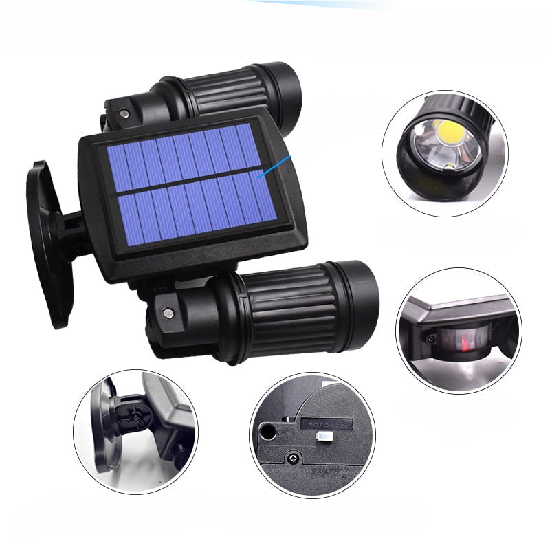 Zewnętrzna lampa solarna LED z podwójnym reflektorem i sensorem