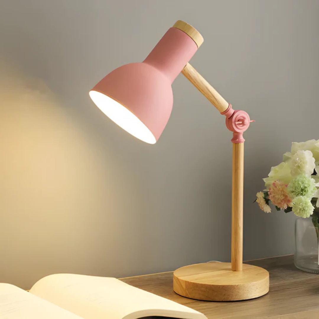 Regulowana lampa stołowa z drewna i metalu z nowoczesnym designem LED