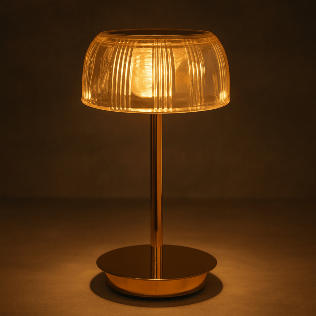 Lampa stołowa z ryflowanym kloszem kopułowym i smukłym trzonem