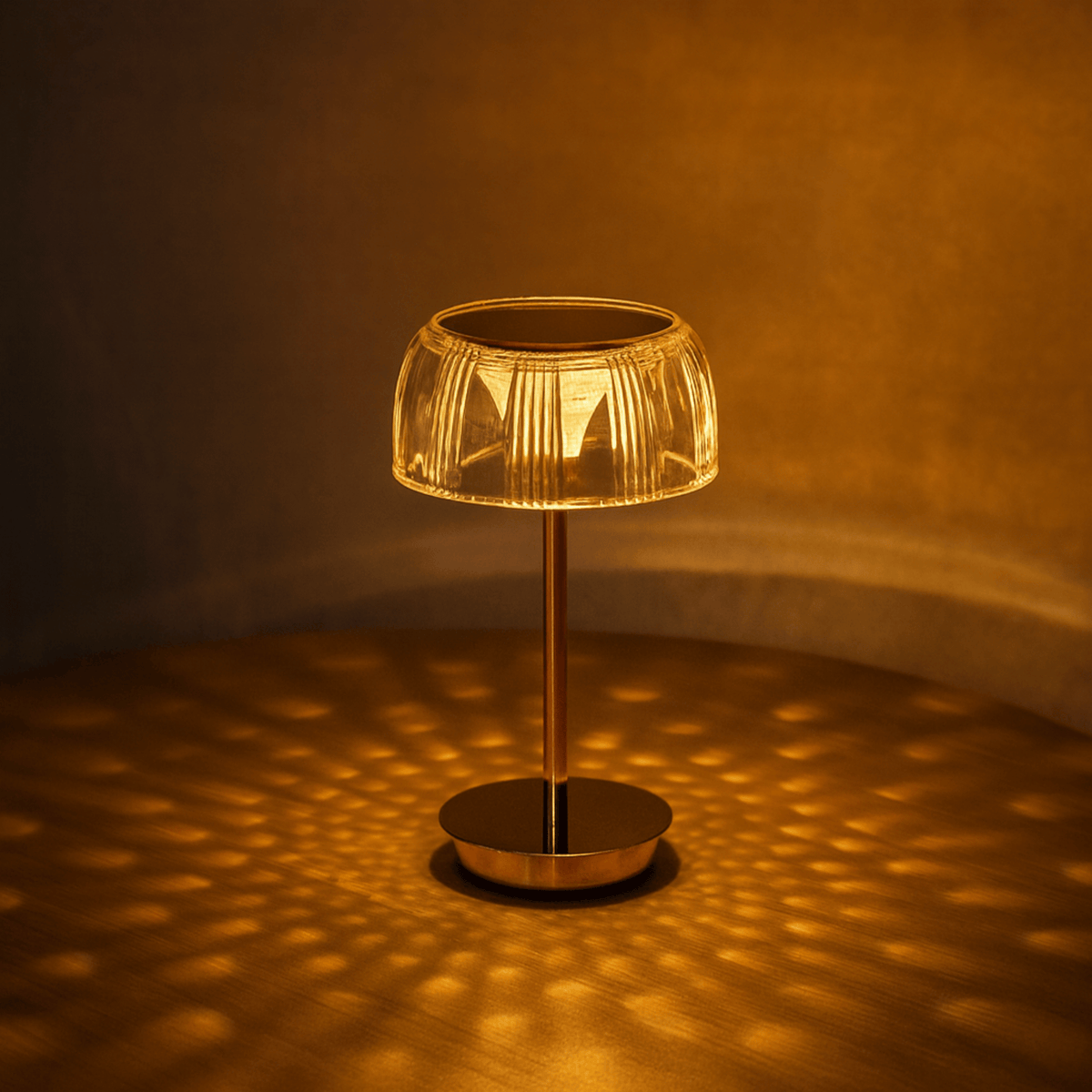 Table lamp with ribbed dome shade and slender stem