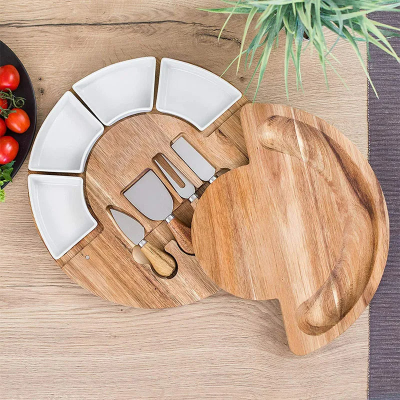 Wooden cheese board set with knives serving tray