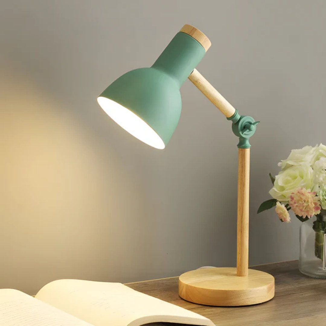 Regulowana lampa stołowa z drewna i metalu z nowoczesnym designem LED