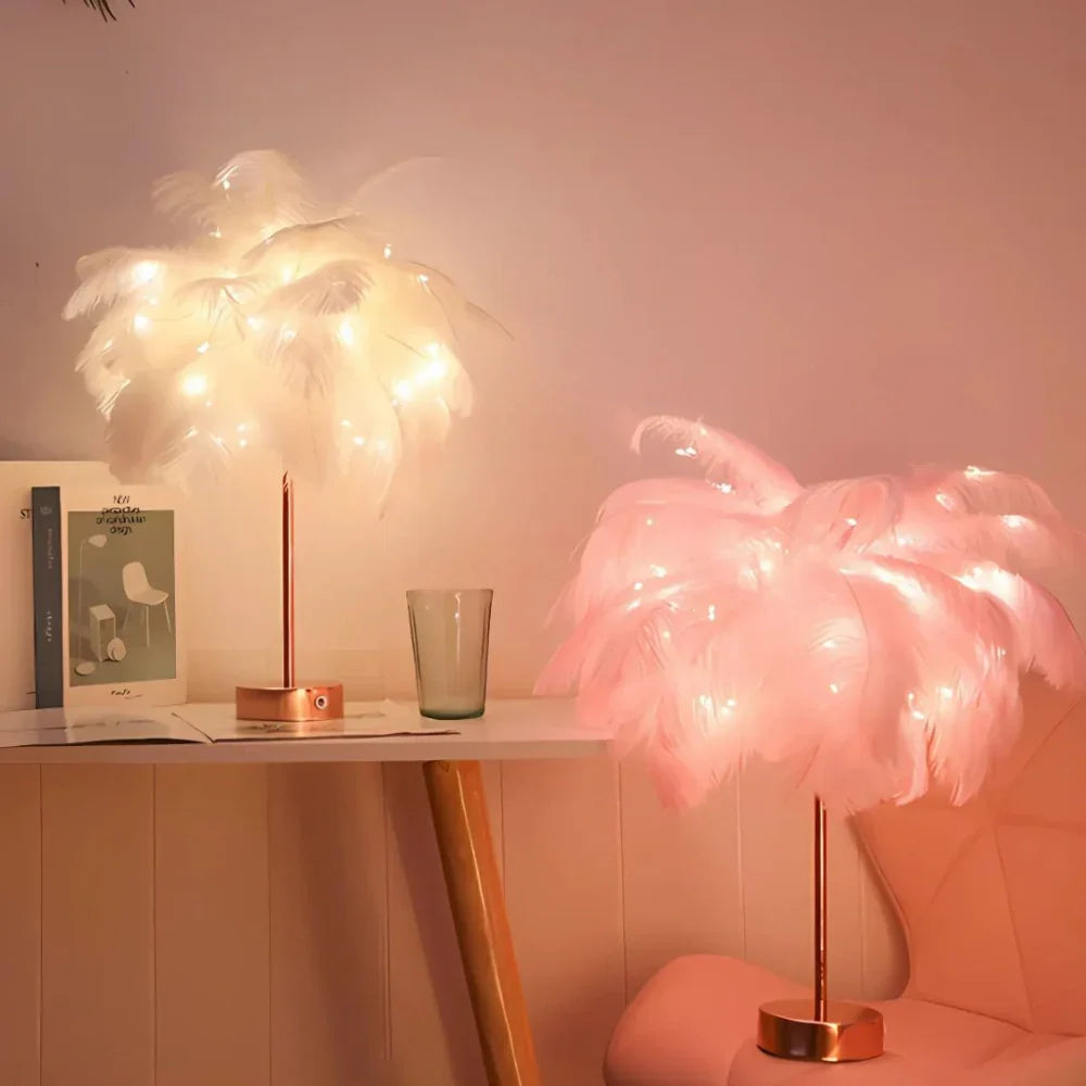 Unikalna lampa stołowa w kształcie drzewa z piórami