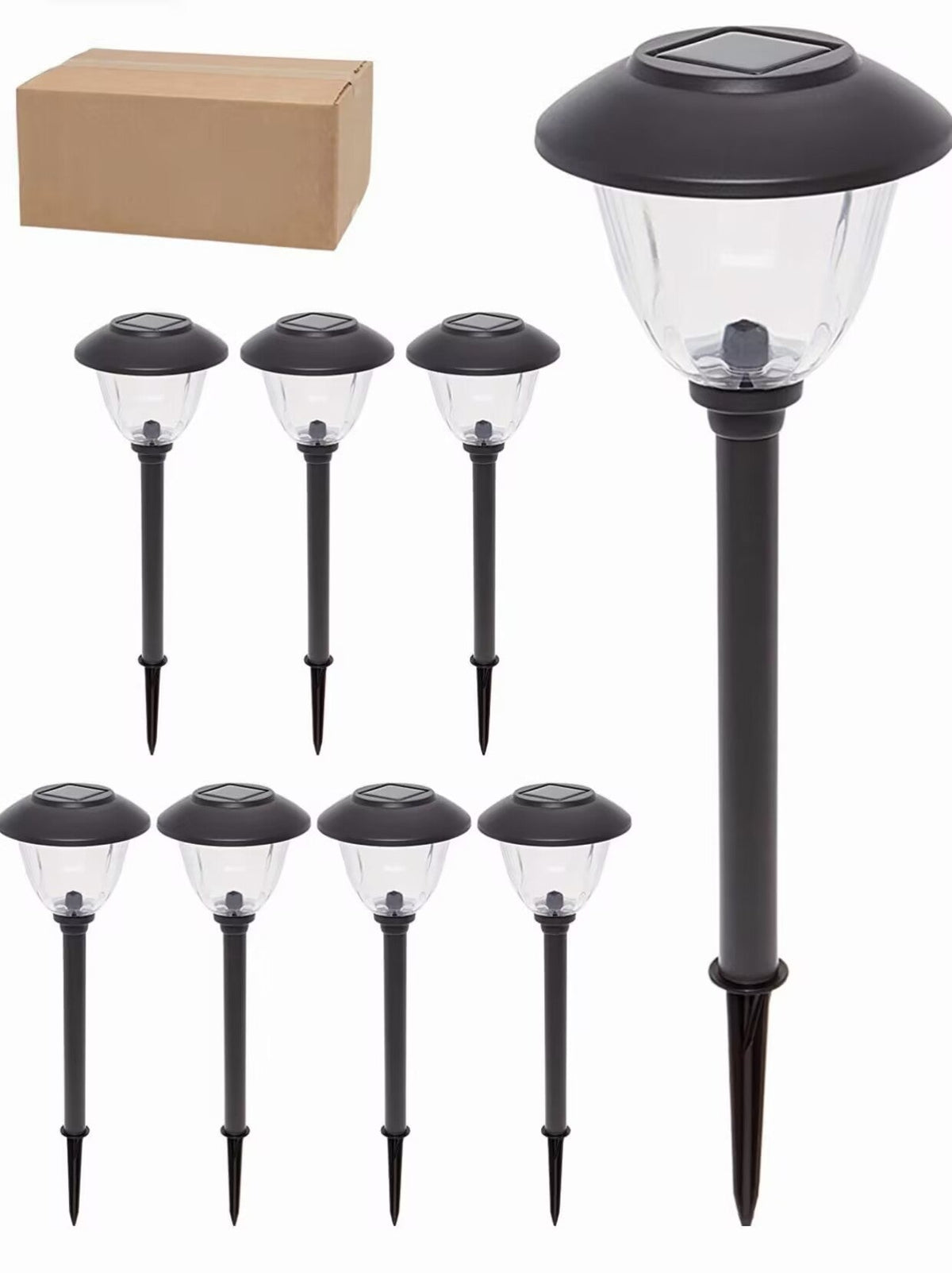 Zestaw ośmiu solarnych lamp ścieżkowych ze stali nierdzewnej