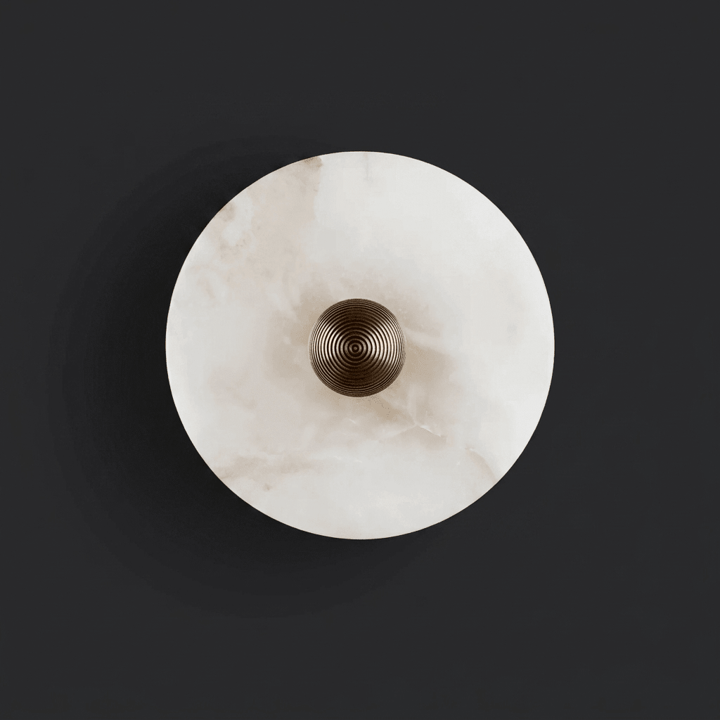 Langwerpige wandlamp met albasten schijven en messing details