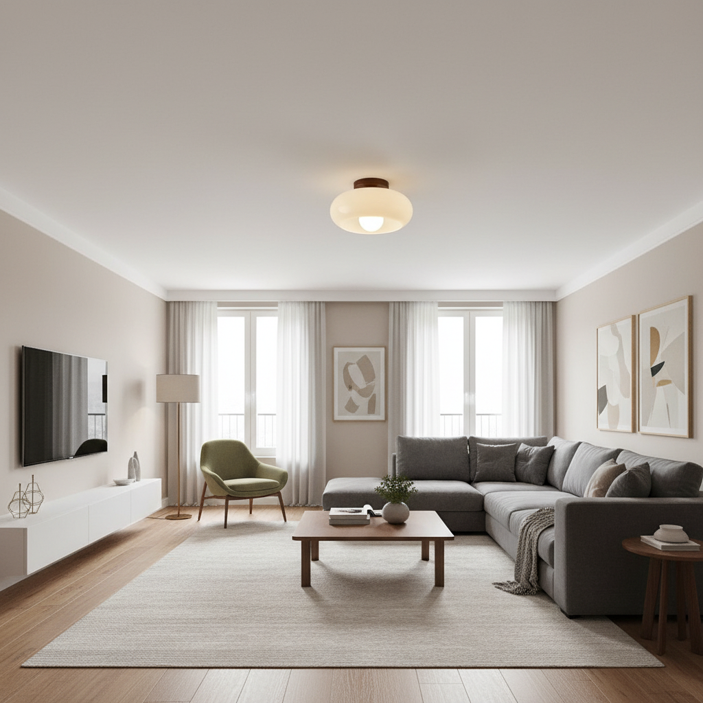 Crèmekleurige Bauhaus-plafondlamp met houten voet
