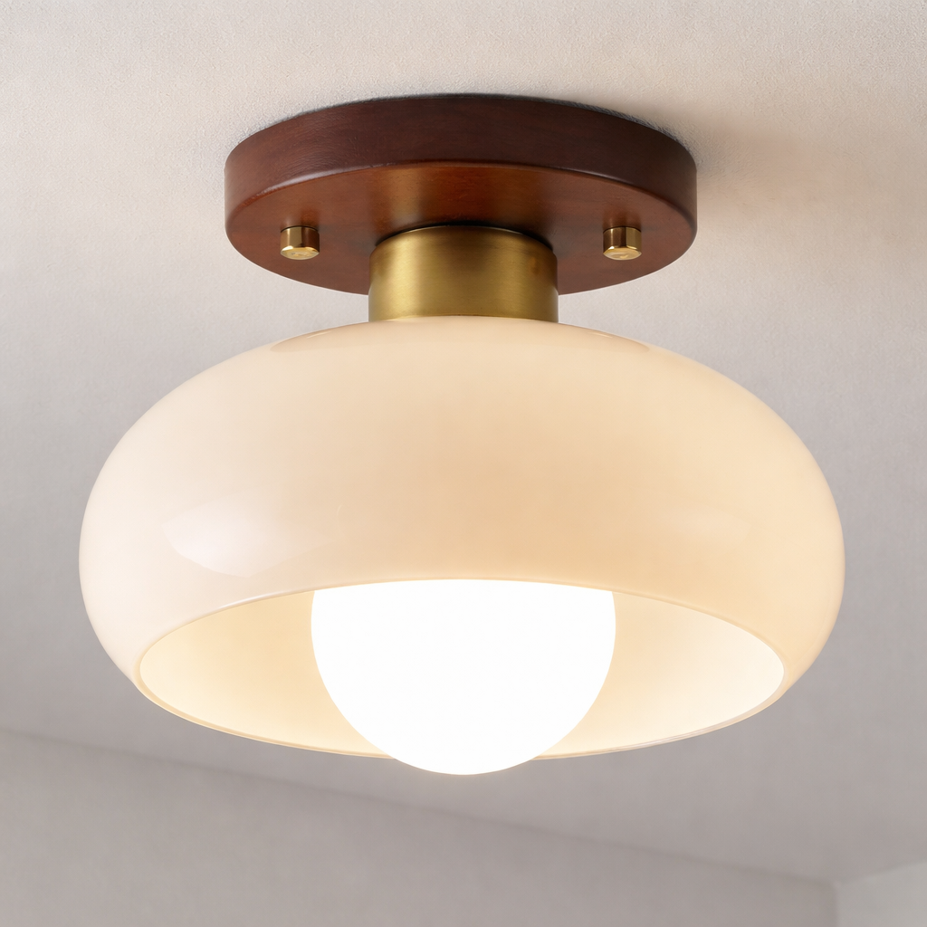 Crèmekleurige Bauhaus-plafondlamp met houten voet