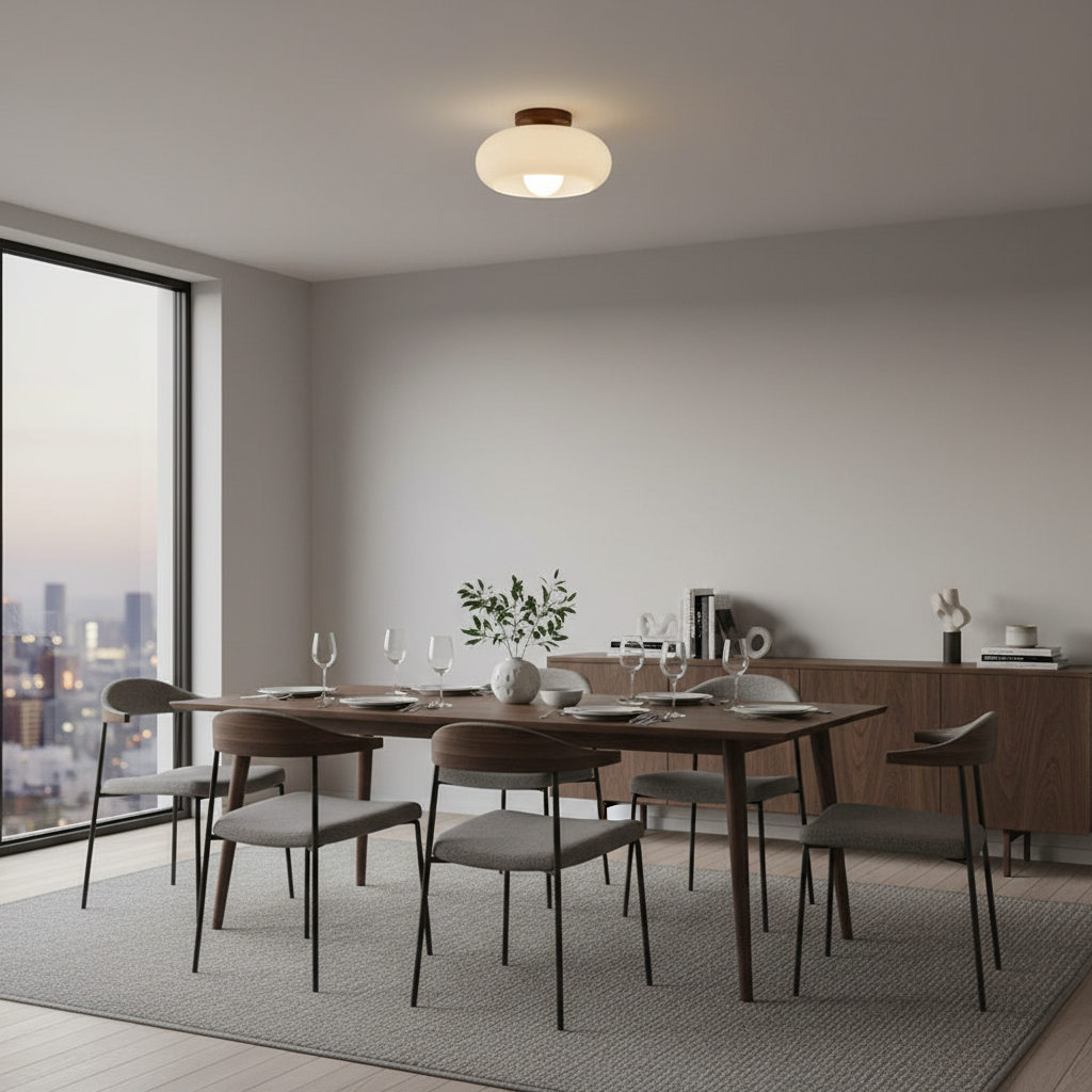 Crèmekleurige Bauhaus-plafondlamp met houten voet