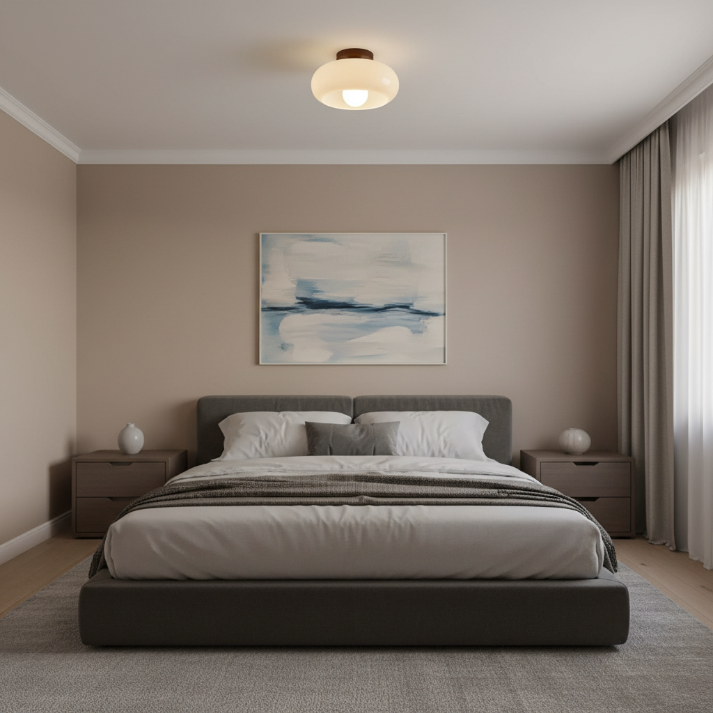 Crèmekleurige Bauhaus-plafondlamp met houten voet