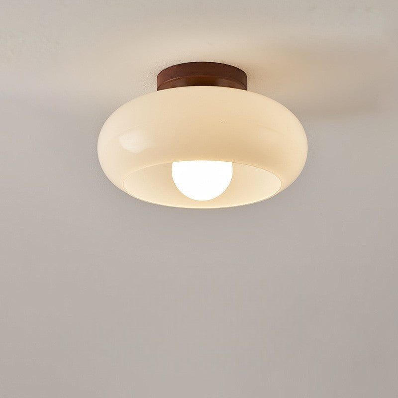 Crèmekleurige Bauhaus-plafondlamp met houten voet