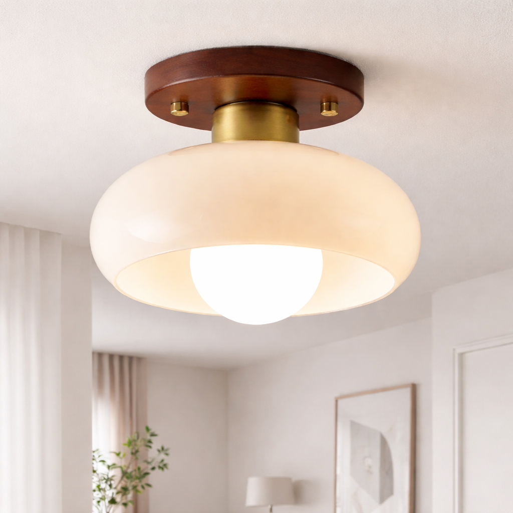 Crèmekleurige Bauhaus-plafondlamp met houten voet