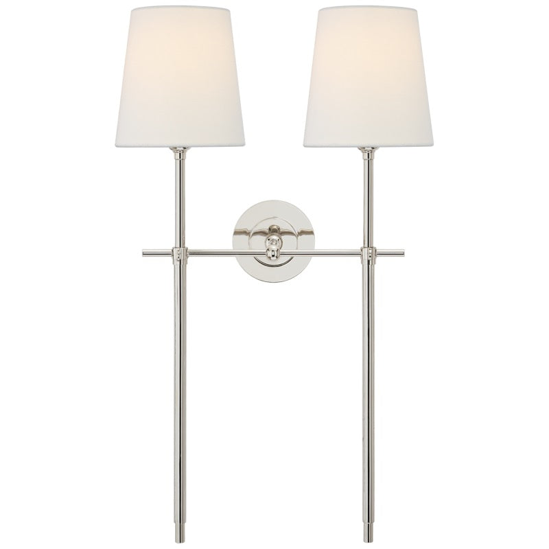 Wall lamp with fabric shade and metal arm