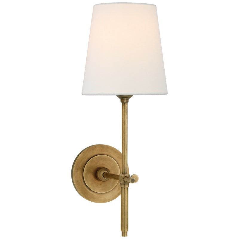 Wall lamp with fabric shade and metal arm