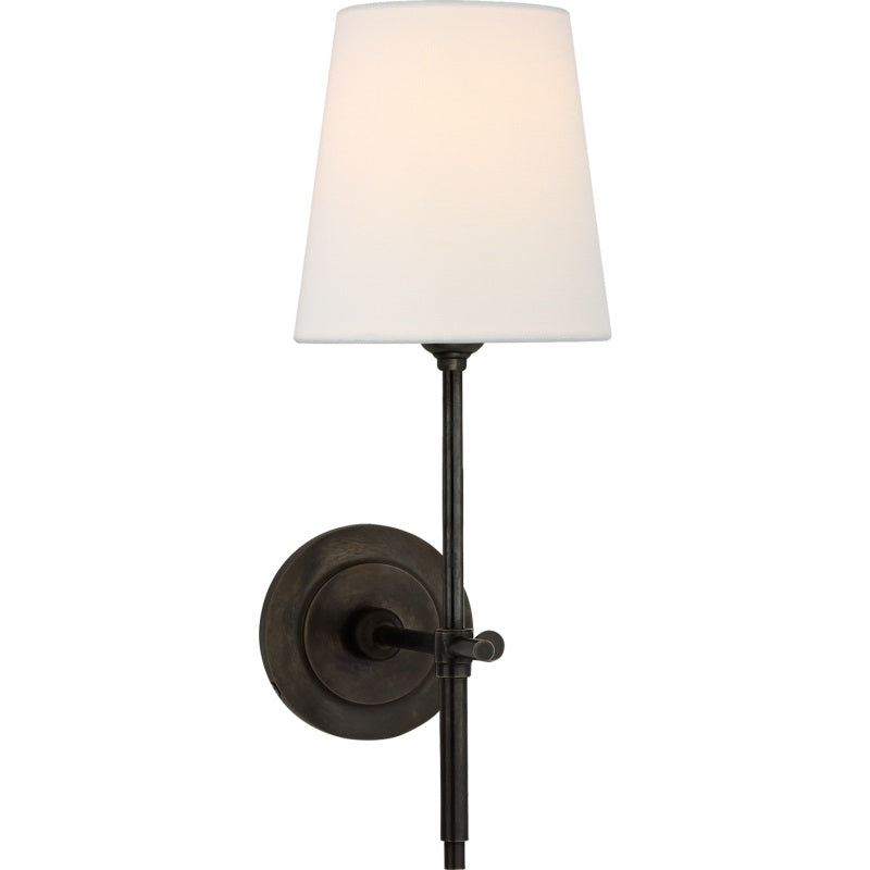 Wall lamp with fabric shade and metal arm