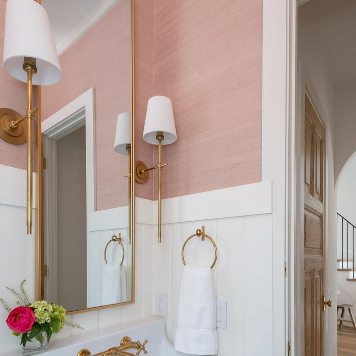 Wall lamp with fabric shade and metal arm