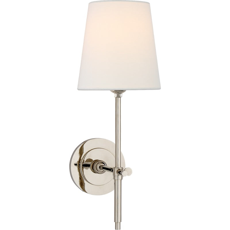 Wall lamp with fabric shade and metal arm