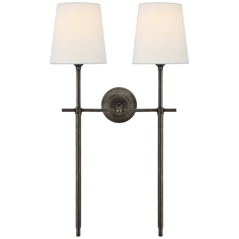 Wall lamp with fabric shade and metal arm