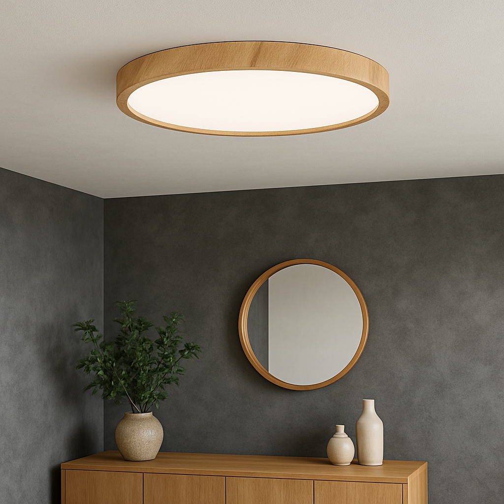 Minimalistyczna lampa sufitowa o fakturze drewna
