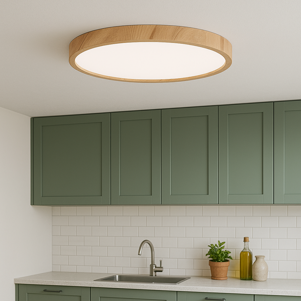 Minimalistyczna lampa sufitowa o fakturze drewna