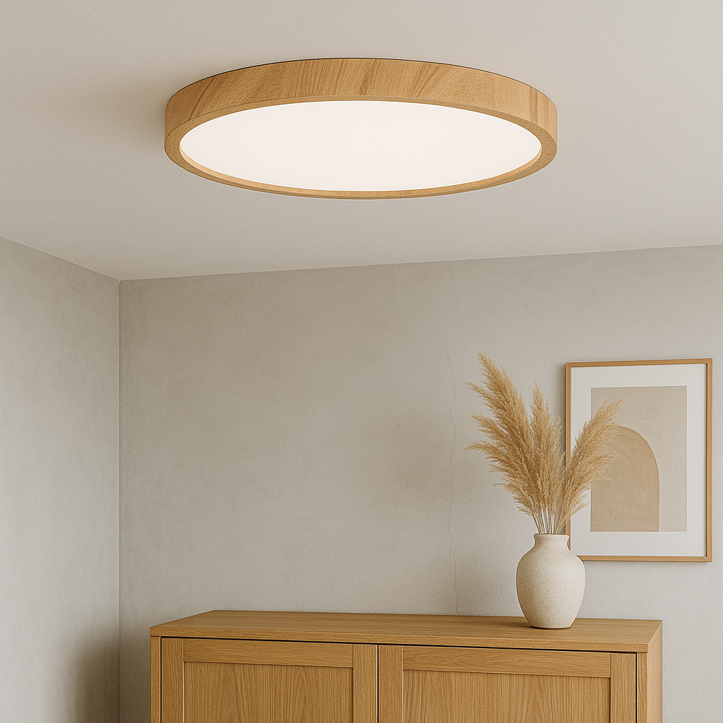 Minimalistyczna lampa sufitowa o fakturze drewna