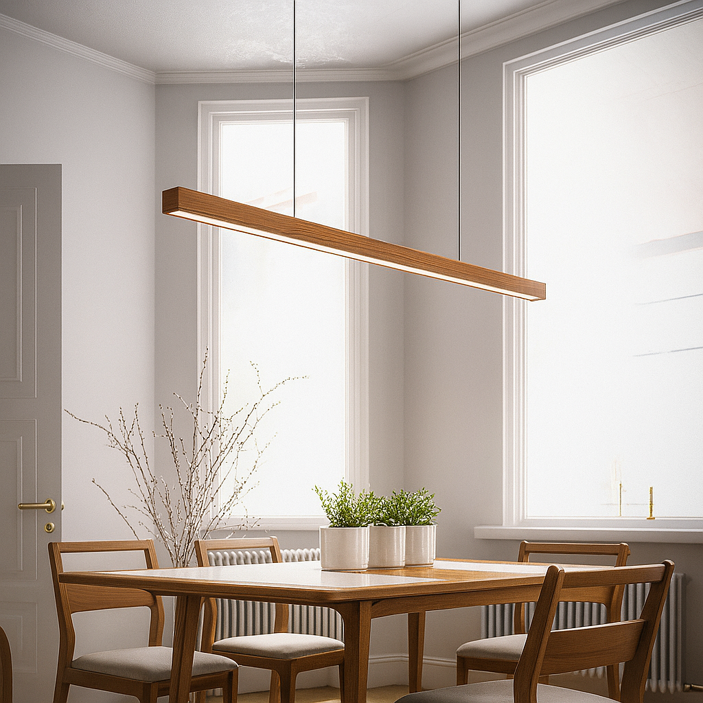 Drewniana liniowa lampa wisząca LED Gindo